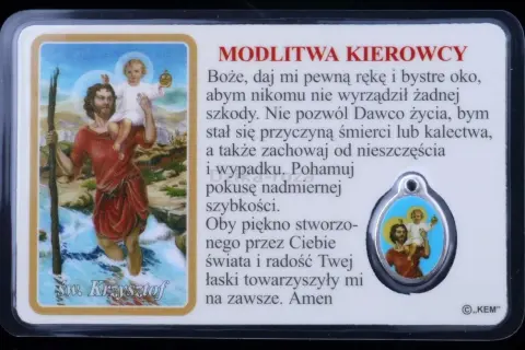 Obrazek z modlitwą do św. Krzysztofa, przedstawiający świętego niosącego Dzieciątko Jezus.