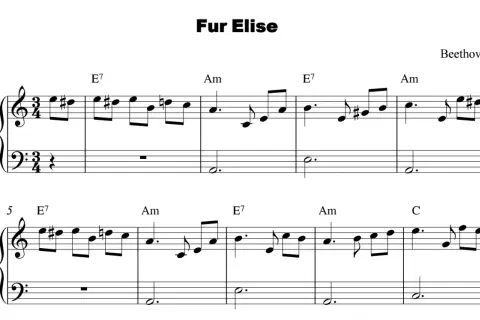 Fragment partytury "Für Elise" Beethovena. Nuty do Elizy, z akordami E7, Am i C.