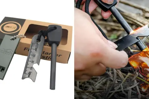 Kit de supervivencia con pedernal, silbato y raspador para encender fuego en la naturaleza.