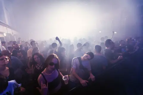 Folla in delirio a un festival di musica elettronica in Italia, immersa nel fumo e nella luce.