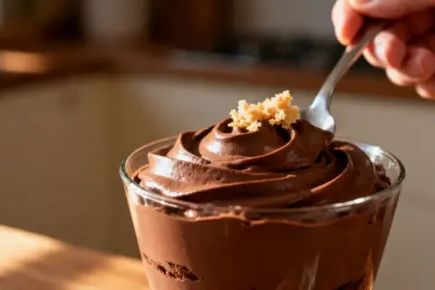 Une cuillère plonge dans une coupe de recette mousse au chocolat onctueuse, garnie de miettes dorées.