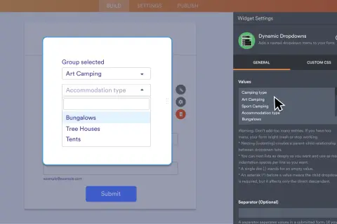 Paramètres de widget : "Art Camping" sélectionné, avec "Bungalows" en surbrillance. Le menu déroulant "Camping type" semble sur le point d'imploser.