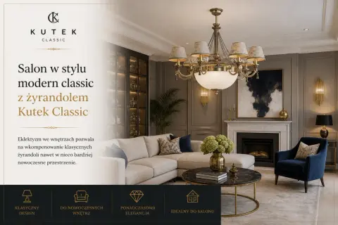 Ekskluzywny salon w stylu modern classic z żyrandolem Kutek Classic. Polski producent żyrandoli tworzy ponadczasową elegancję.