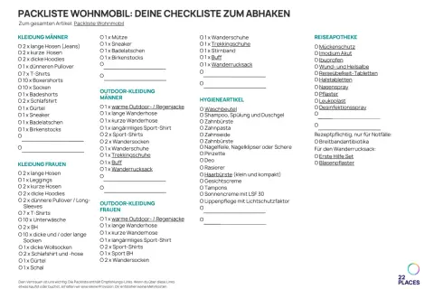 Packliste Wohnmobil: Kleidung, Hygieneartikel & Reiseapotheke für Männer und Frauen. Ideal für den Camper-Urlaub.