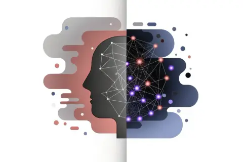 Profil eines Kopfes, geteilt in menschliche und digitale Gehirnhälften. Ein Konzept schreiben für KI.
