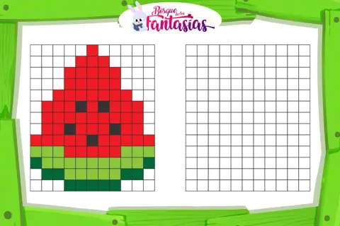 Hoja de actividades con dibujos pixel art faciles y bonitos de una sandía para colorear.