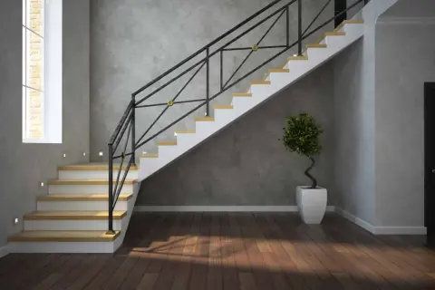 Nowoczesne schody z żywicy, z metalową balustradą i drewnianymi stopniami. Elegancki dodatek do każdego wnętrza, który podkreśla jego styl.