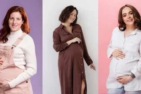 Tres mujeres embarazadas muestran estilos de moda: overol rosa, vestido marrón y camisa blanca. Ideas para como vestir embarazada.