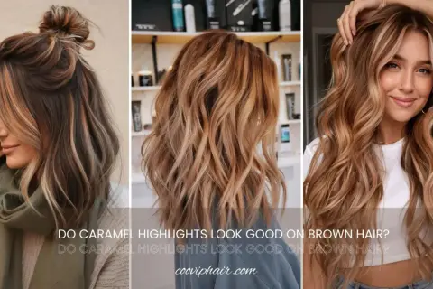 Drei Frauen mit stilvollen Frisuren, die braune Haare mit Highlights in Karamelltönen zeigen.