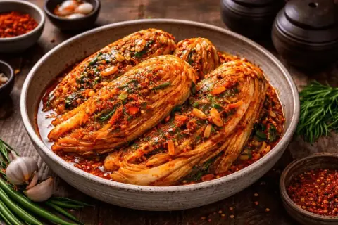 Hela kålhuvuden täckta med en kryddig röd pasta, redo för fermentering. Ett perfekt kimchi recept att prova!