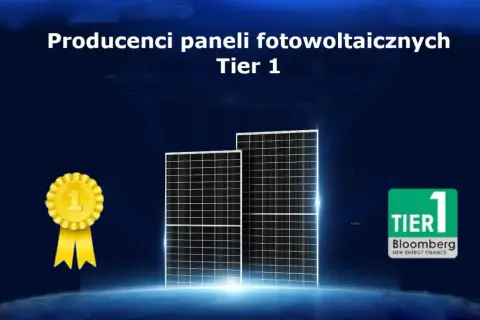 Producenci paneli fotowoltaicznych Tier 1: złoty medal, dwa panele i logo Bloomberg.