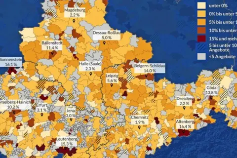 Karte zeigt Gebiete mit hohen Mietpreisen. In Sonnenstein und Altenberg sind die Mieten unbezahlbar, über 16%.