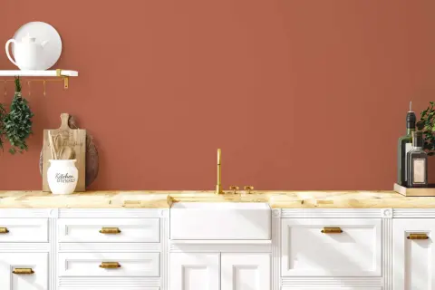 Warme Küche mit Wandfarbe in Terracotta-Farbpalette. Weiße Schränke, Holzoberfläche, Spüle und goldene Armatur.