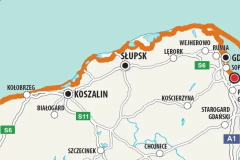 Mapa Polski z zaznaczoną pomarańczową trasą rowerową nad morzem, biegnącą od Kołobrzegu przez Koszalin, Słupsk, Lębork, Wejherowo, Rumię, Gdynię, Sopot aż do Gdańska.