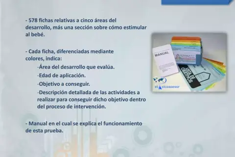Material de la Guía Portage: fichas de desarrollo por colores, manual y lista de objetivos para estimular al bebé.