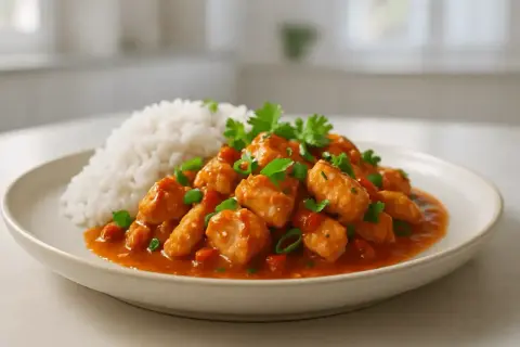 Pyszny kurczak po tajsku w pomarańczowym sosie z ryżem, posypany szczypiorkiem i kolendrą.