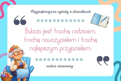 Ilustracja z cytatami dla zmarłej babci. Uśmiechnięta babcia dzierga na drutach.