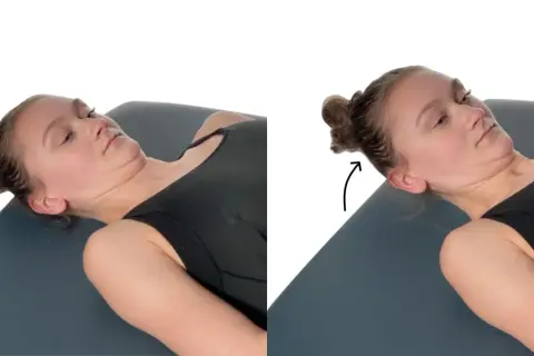 Demonstration of neck training: a woman lies on her back, then tilts her head to the side, showing what neck training does for flexibility.