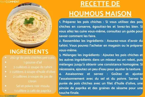 Recette houmous maison : pois chiches, ail, tahini, huile d'olive, citron, sel, poivre et paprika. Un délice crémeux à préparer facilement.