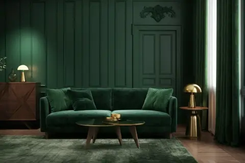 Ein Wohnzimmer in tiefem Grün, wo Wand und Decke in gleicher Farbe gestrichen sind, schafft eine luxuriöse Atmosphäre. Ein Samtsofa und goldene Akzente ergänzen den Look.