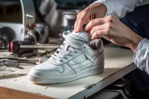 Mani che lavorano su una scarpa bianca, mostrando come allargare le scarpe strette in punta con attrezzi da calzolaio.