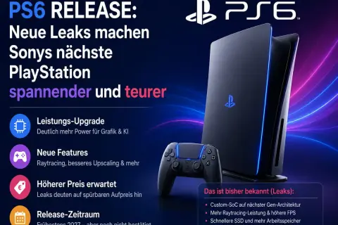 Die PlayStation 6, mit Controller und Konsole, verspricht mehr Leistung und Features. Leaks deuten auf einen höheren Preis und Release 2027 hin.
