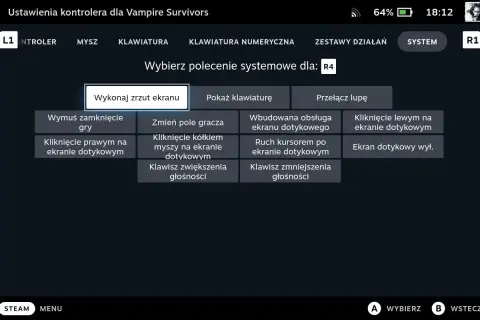 Menu ustawień kontrolera Steam z opcją "Wykonaj zrzut ekranu" podświetloną.
