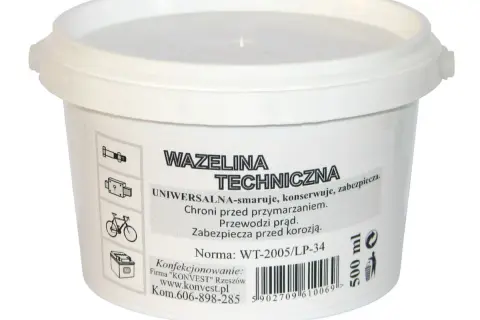 Białe wiaderko z etykietą: WAZELINA TECHNICZNA. Uniwersalna, chroni przed przymarzaniem i korozją. Idealna do konserwacji.
