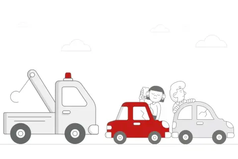 Pomoc drogowa przybywa! Dwie osoby w czerwonym samochodzie, jedna robi zdjęcie, druga martwi się o uszkodzone auto. To właśnie co to jest assistance.