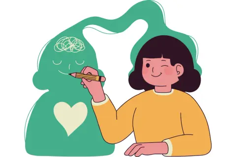 Una niña dibuja una ficha alumno en un boceto de cabeza con un corazón.
