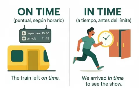 Un tren amarillo sale puntual. Un hombre corre con un reloj para llegar a tiempo a una función.