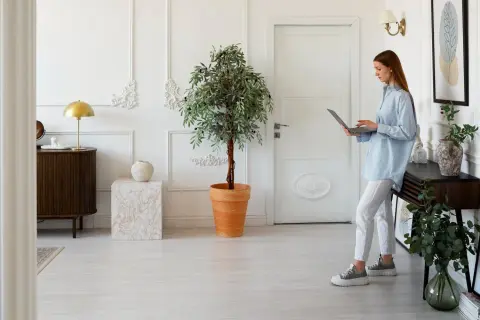 Eleganckie obrazy w przedpokoju aranżacje tworzą przytulną atmosferę. Kobieta z laptopem w jasnym wnętrzu.