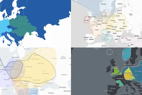 Cartes de l'Europe montrant des régions génétiques. Un test généalogie gratuit pourrait révéler vos origines.
