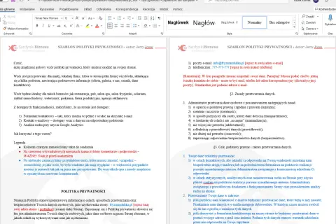 Gotowy wzór polityki prywatności dla Twojej strony. Dokument zawiera kluczowe informacje o przetwarzaniu danych, idealny dla lokalnych firm.