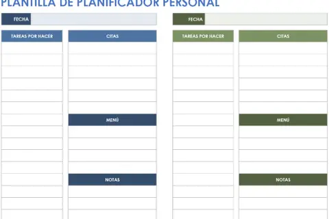 Dos plantillas para planificar tu día: una para tareas y citas, otra para menú y notas.