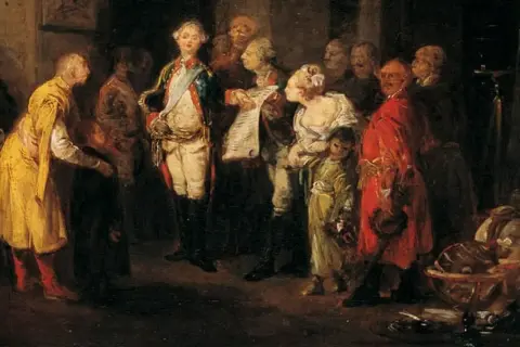 Stanisław August Poniatowski, ostatni król polski, w otoczeniu dworzan. Scena z życia dworu, z globusem w tle.
