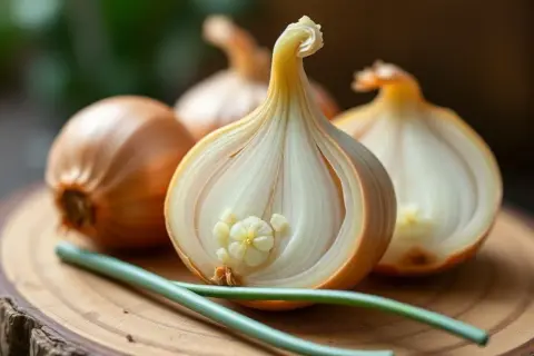 Un oignon coupé en deux révèle sa structure délicate, comme un clou de girofle miniature au cœur. Des oignons entiers et des tiges vertes complètent la scène.