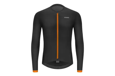 Czarny longsleeve rowerowy z pomarańczowym zamkiem i detalami.