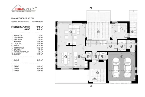 Rzut parteru domu HomeKONCEPT 13 EN. Powierzchnia netto parteru 107,01 m², garażu 40,93 m². Wymiary pomieszczeń i tarasów.