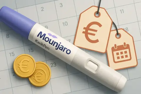 Mounjaro KwikPen, monety euro i metki z symbolem euro i kalendarzem sugerują cenę i termin leczenia. Sprawdź, czy przysługuje Ci mounjaro refundacja.