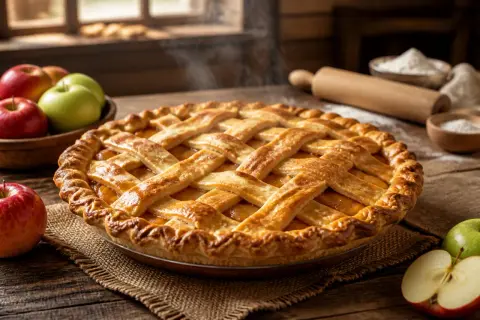 Une délicieuse tarte aux pommes à l'ancienne, encore chaude, avec des pommes fraîches et un rouleau à pâtisserie en arrière-plan.