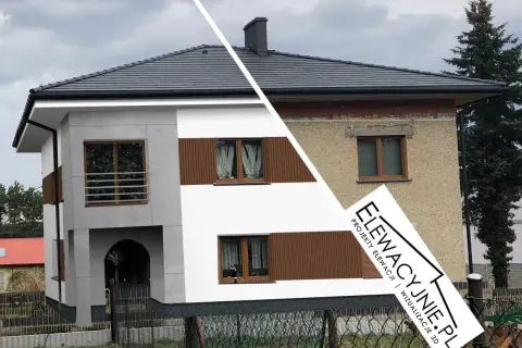 Nowa, nowoczesna elewacja frontowa domu po remoncie. Po lewej wizualizacja, po prawej stan przed.