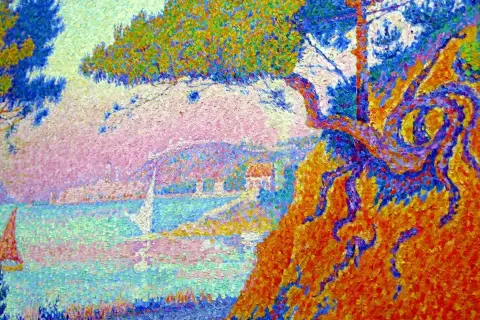 A vibrant pointillism painting depicts a coastal scene with sailboats. The style of pointillism artists is evident in the colorful dots creating the landscape.