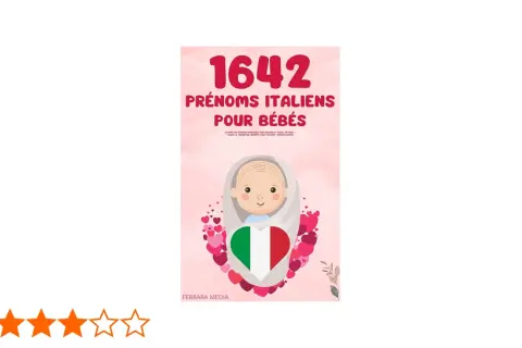 Couverture d'un livre proposant 1642 prénoms italiens pour bébés, avec un dessin d'enfant et le drapeau italien en forme de cœur.