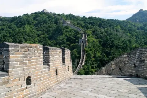 La Gran Muralla China serpentea por colinas boscosas. Su extensión es asombrosa, un testimonio de la historia.