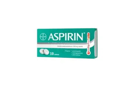 Opakowanie aspiryny 500 mg, 10 tabletek. Działa przeciwzapalnie, przeciwgorączkowo i przeciwbólowo.