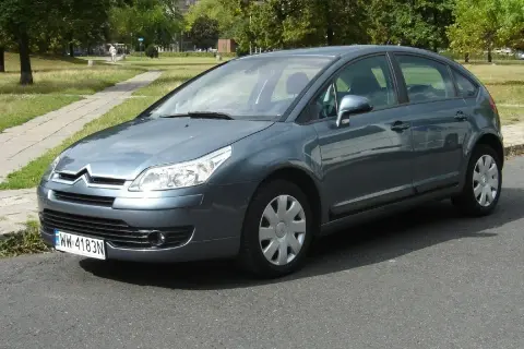 Szary Citroen C4 1.6 HDI zaparkowany przy chodniku w parku.