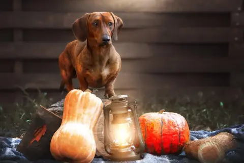 Un perro salchicha posa junto a calabazas y una linterna. ¡Los perros pueden comer calabaza!