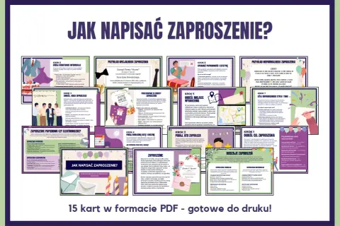 Grafika przedstawia 15 kart z poradnikiem "Jak napisać zaproszenie?", z przykładami i wskazówkami.