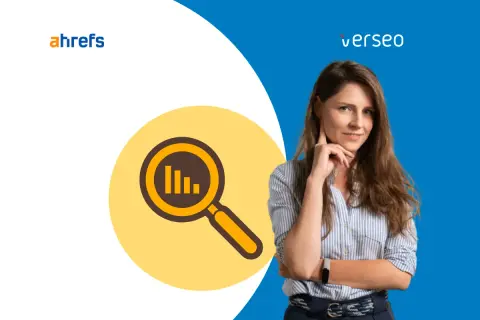 Kobieta zastanawia się nad analizą danych SEO. Logo Ahrefs i lupa z wykresem sugerują, że chodzi o narzędzie Ahrefs co to jest i jak działa.